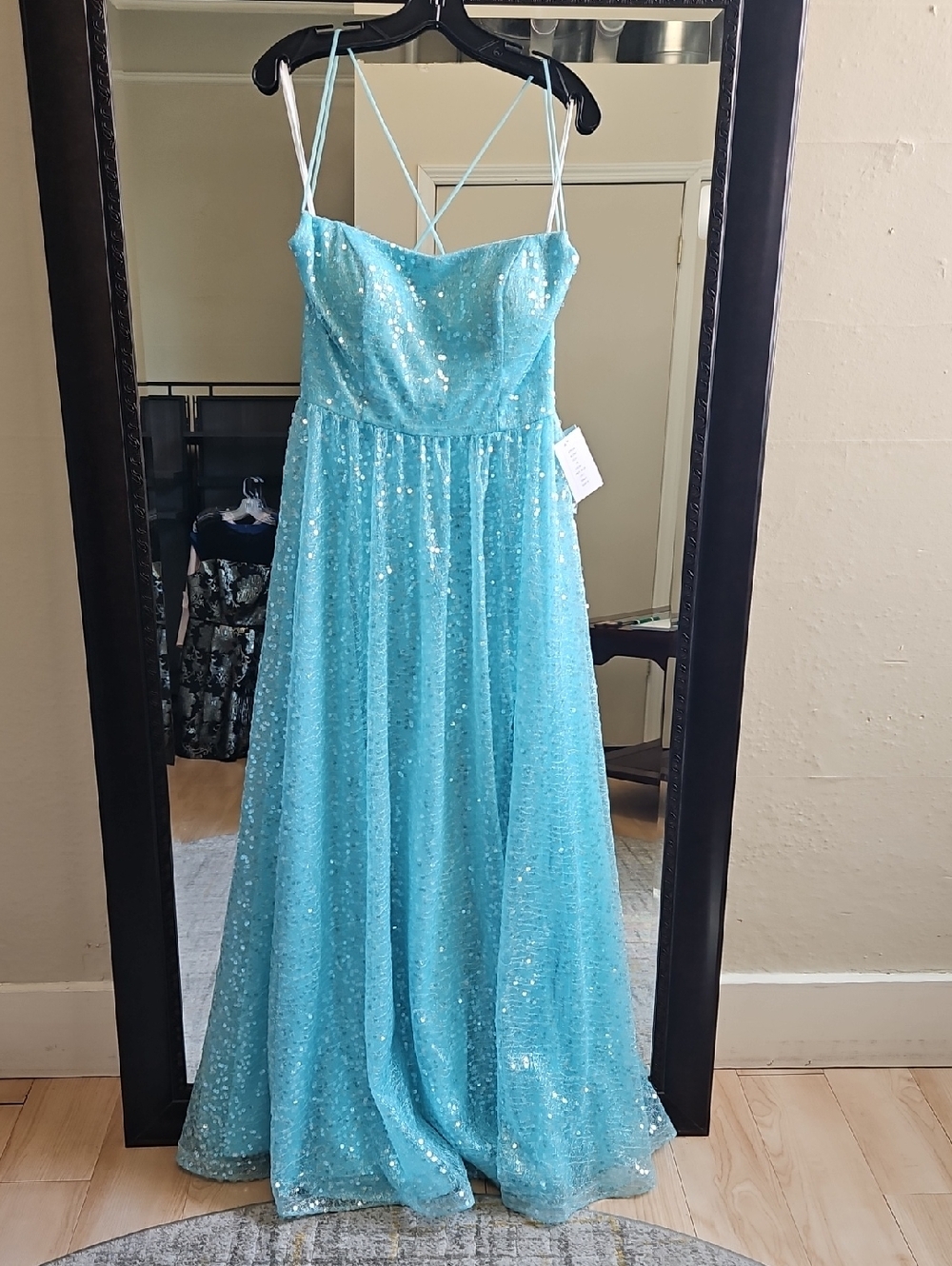Size 12 light Blue (aqua) thin strap sequin Aline gown w/ scoop neck & slit NWT